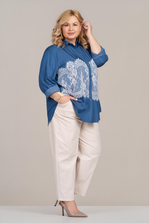 Макси дълга риза в синьо с бяла дантела и свободна кройка