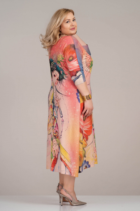 МАКСИ дълга рокля от фино плетиво с розово с принт гейша и цветя