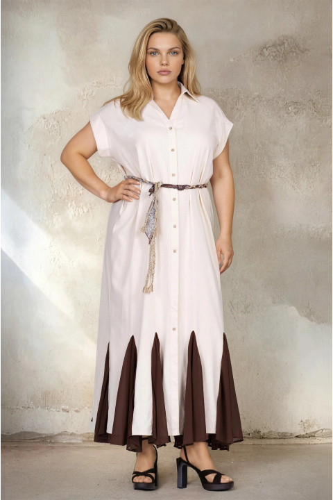 МАКСИ дълга рокля от лен и памук в бежово с кафяв акцент в края