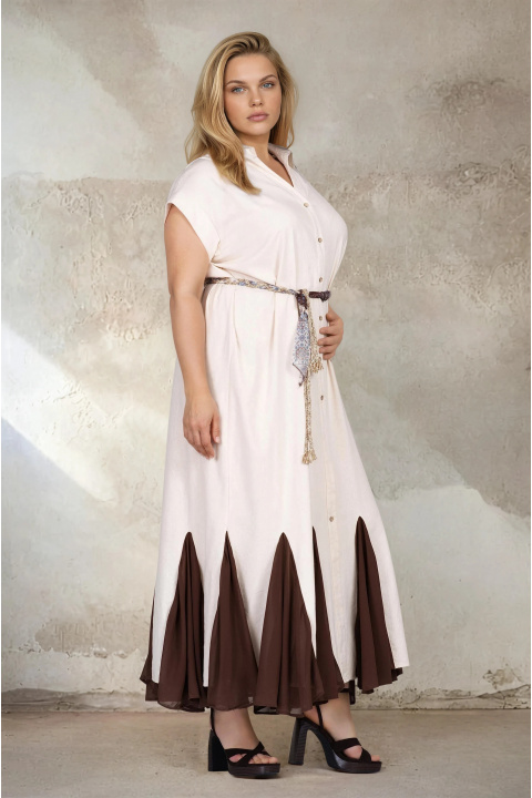 МАКСИ дълга рокля от лен и памук в бежово с кафяв акцент в края