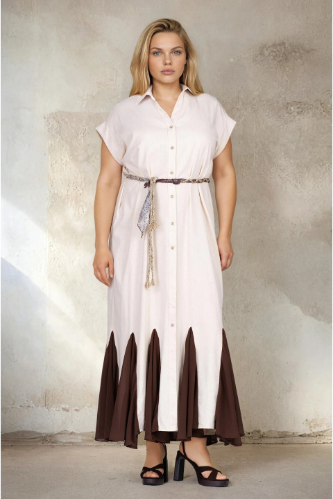 МАКСИ дълга рокля от лен и памук в бежово с кафяв акцент в края