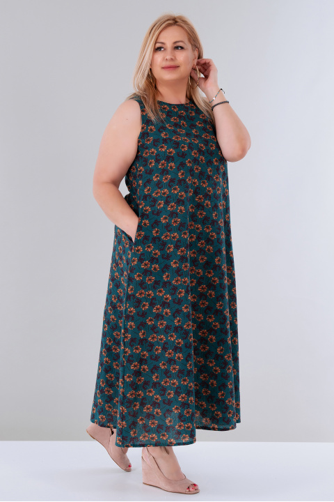 МАКСИ дълга рокля от лен и памук в петролено зелено с цветен флорален принт