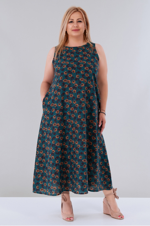 МАКСИ дълга рокля от лен и памук в петролено зелено с цветен флорален принт