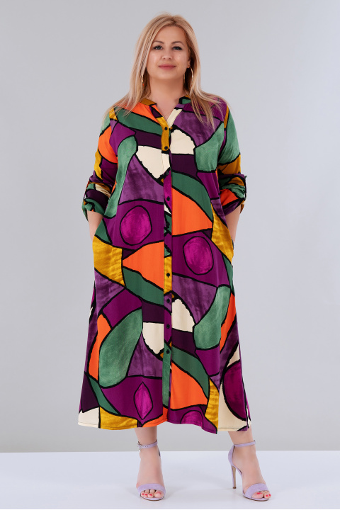 МАКСИ дълга рокля с геометричен принт в лилаво, зелено и оранжево