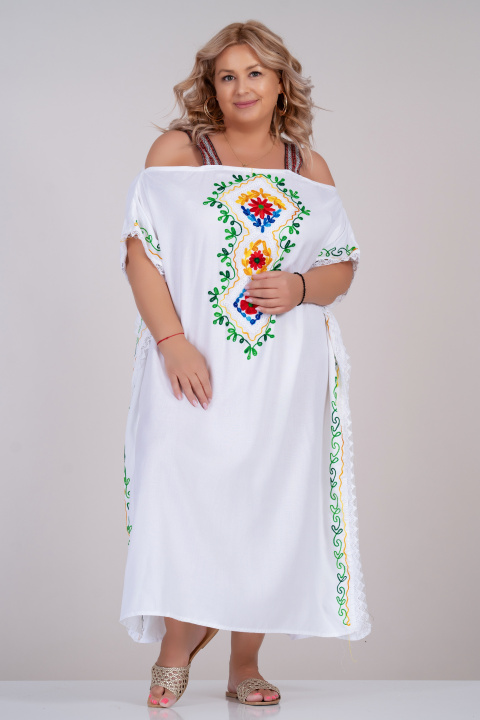 МАКСИ дълга рокля в бяло, тип пончо, с етно бродерия