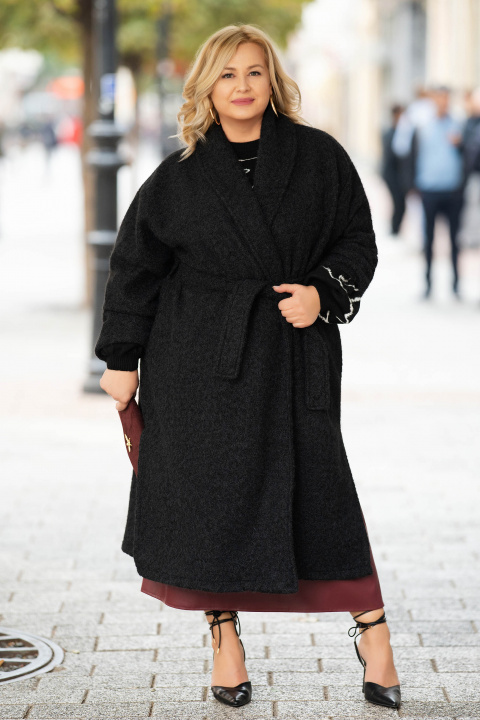 МАКСИ дълго палто в черно от мека мъхеста материя с колан