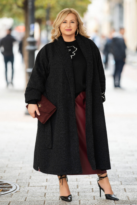 МАКСИ дълго палто в черно от мека мъхеста материя с колан