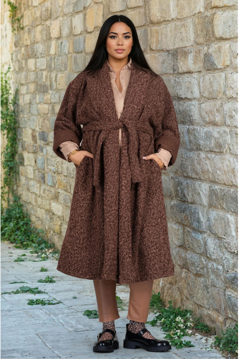 МАКСИ дълго палто в кафяво от мека мъхеста материя с колан