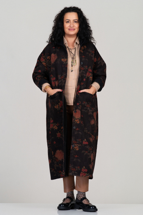 МАКСИ дълго ватирано палто в черно с флорален принт