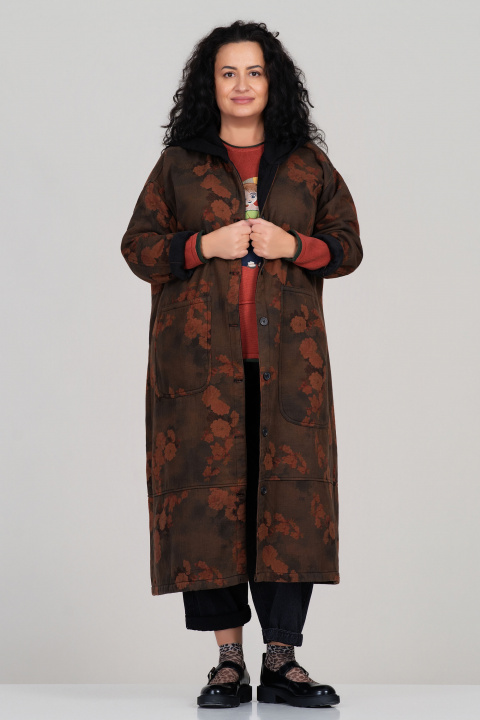 МАКСИ дълго ватирано палто в цвят милитъри с флорален принт