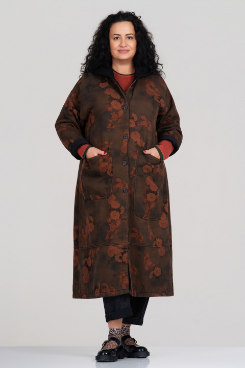 МАКСИ дълго ватирано палто в цвят милитъри с флорален принт