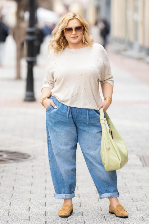 Макси дънки от памук в син деним с ластики връзки в талията