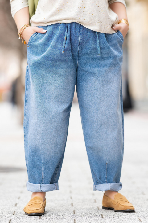 Макси дънки от памук в син деним с ластики връзки в талията