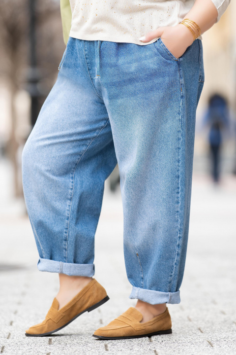 Макси дънки от памук в син деним с ластики връзки в талията