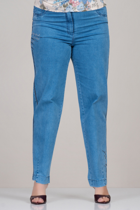 Макси дънки от памук в синьо с еластична талия и надпис и декоративни камъни