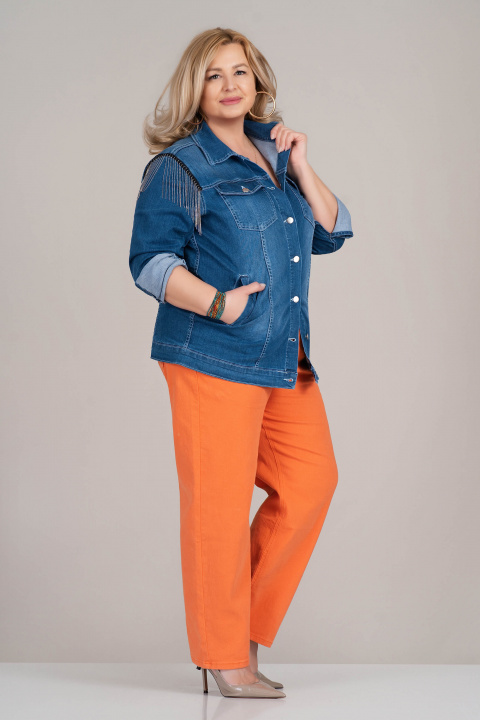 Макси дънково яке от памук в синьо със сребристи ресни