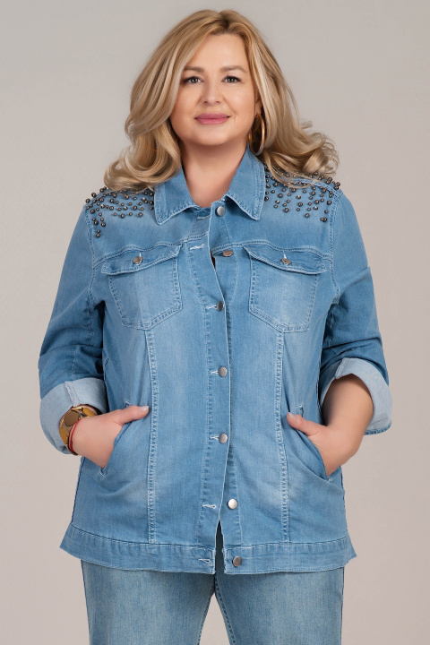 Макси дънково яке от памук в светлосиньо с метални капси и звездена на гърба