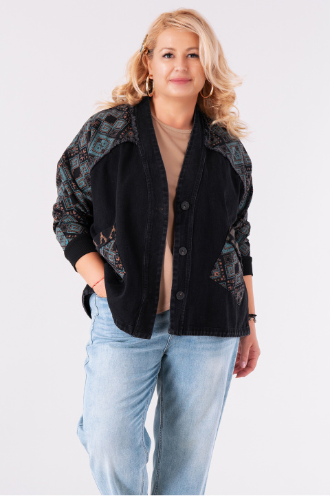МАКСИ дънково яке в черно с два джоба и етно принт