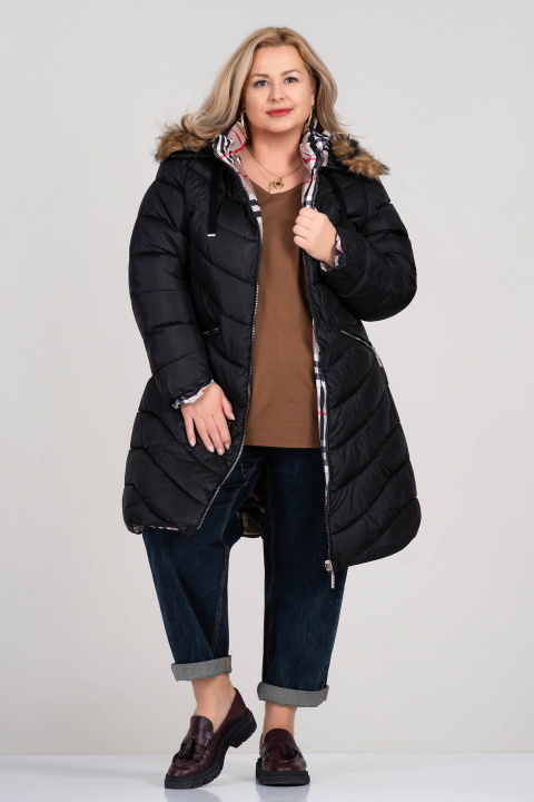 МАКСИ двулицево яке в черно с карирана подплата