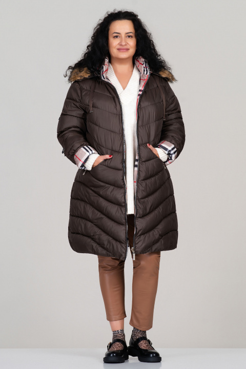 МАКСИ двулицево яке в кафяво с карирана подплата