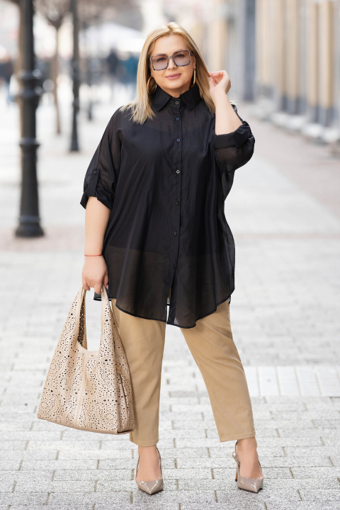 МАКСИ ефирна риза в черно със свободна линия