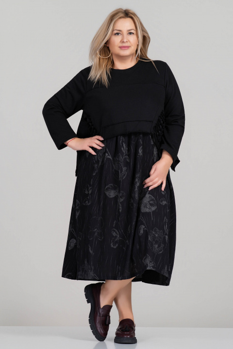 МАКСИ екстравагантна черна рокля със сив флорален принт