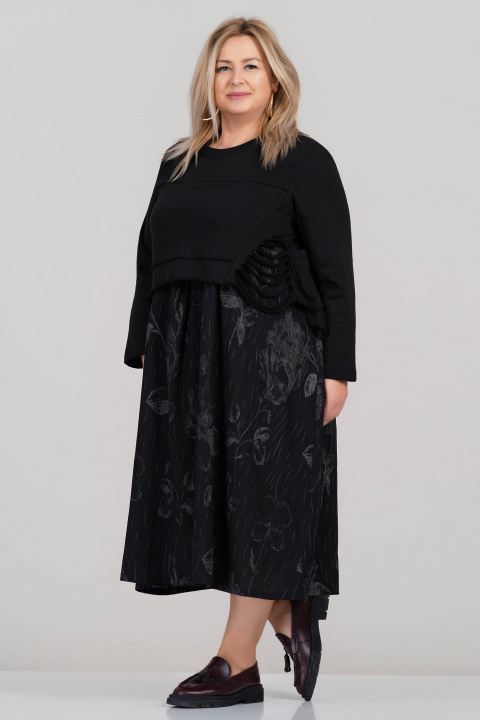 МАКСИ екстравагантна черна рокля със сив флорален принт