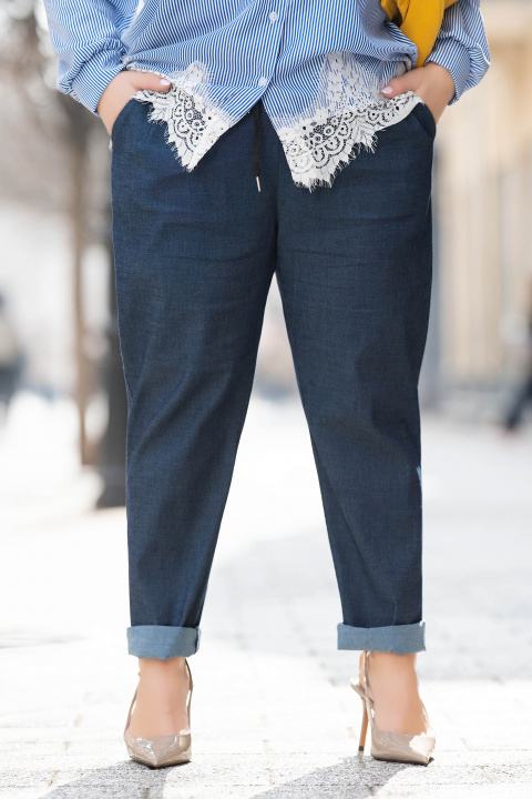 МАКСИ еластичен панталон с ефект тъмносин деним с връзки и ластик в талията