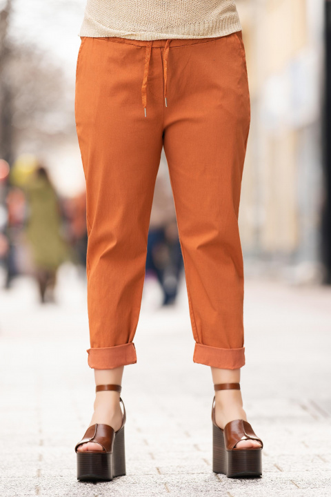 МАКСИ еластичен панталон в оранжево с връзки и ластик в талията