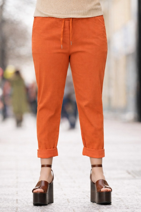 МАКСИ еластичен панталон в оранжево с връзки и ластик в талията