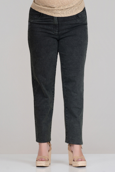 Макси еластични дънки от памук в зелено с малка бродерия