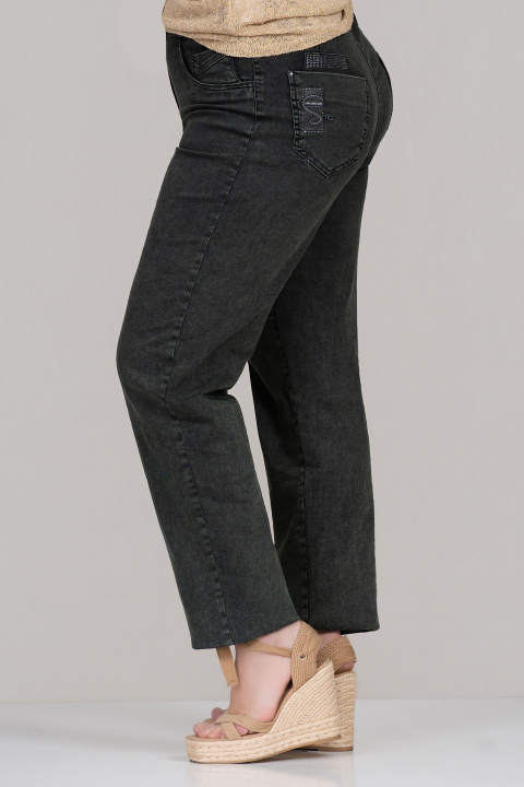 Макси еластични дънки от памук в зелено с малка бродерия