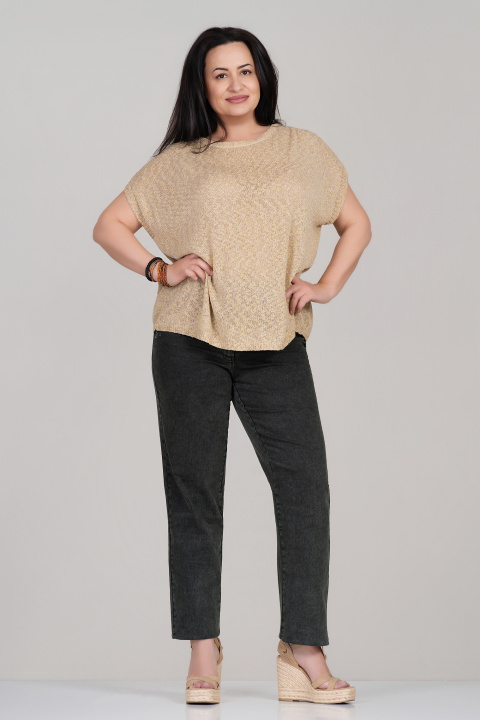 Макси еластични дънки от памук в зелено с малка бродерия