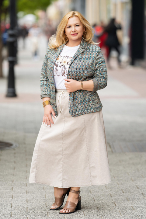 МАКСИ еластично сако в цвят петрол със зигзагообразен принт и нишка ламе