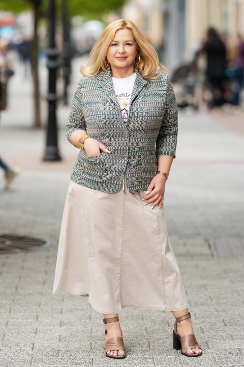 МАКСИ еластично сако в цвят петрол със зигзагообразен принт и нишка ламе