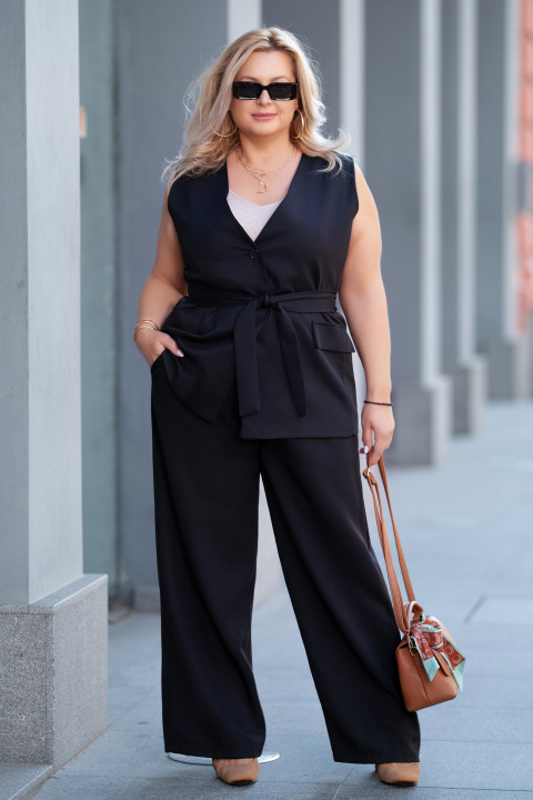 Макси елегантен комплект в черно с елек и широк панталон