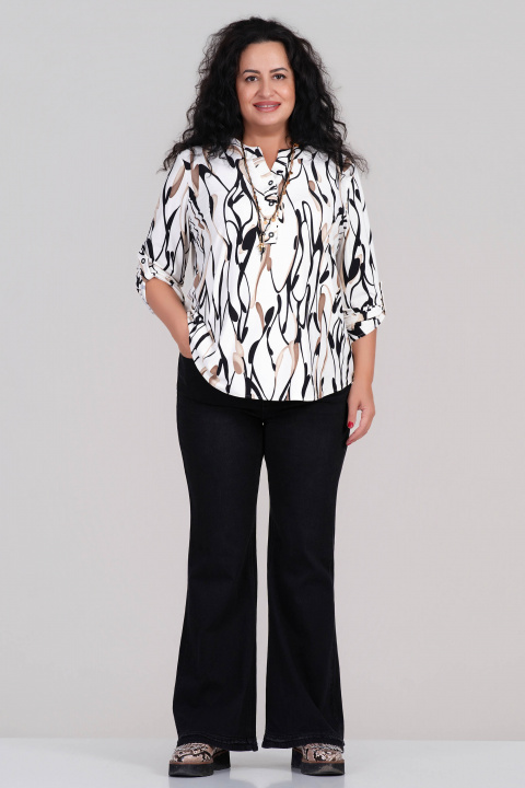 МАКСИ елегантна блуза в цвят екрю с абстрактен черно-кафяв принт