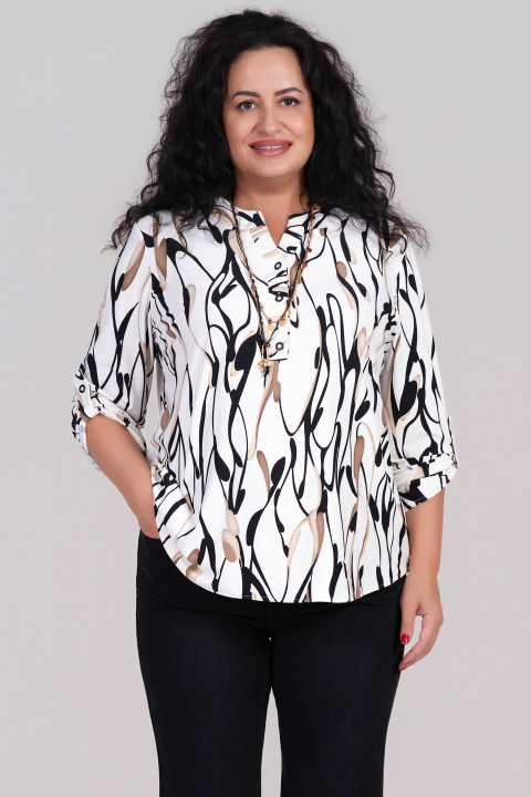 МАКСИ елегантна блуза в цвят екрю с абстрактен черно-кафяв принт