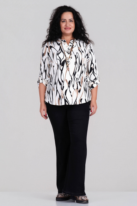 МАКСИ елегантна блуза в цвят екрю с абстрактен черно-кафяв принт