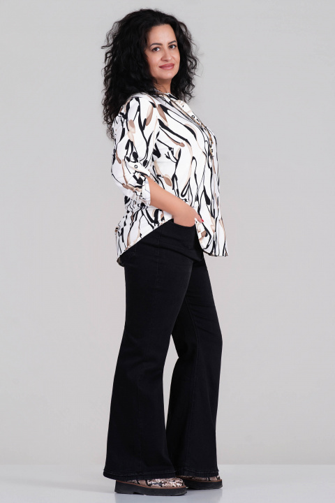 МАКСИ елегантна блуза в цвят екрю с абстрактен черно-кафяв принт