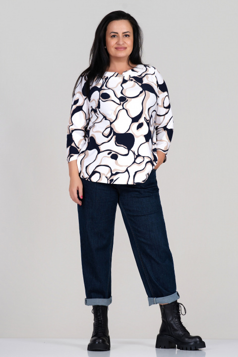 МАКСИ елегантна блуза в цвят ванилия с брошка панделка и абстрактен принт в черно и бежово