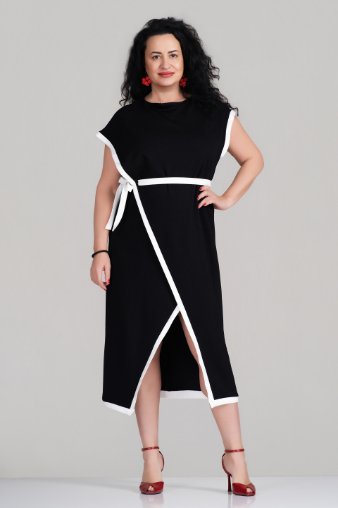 МАКСИ елегантна рокля в черно с бели кантове и връзка