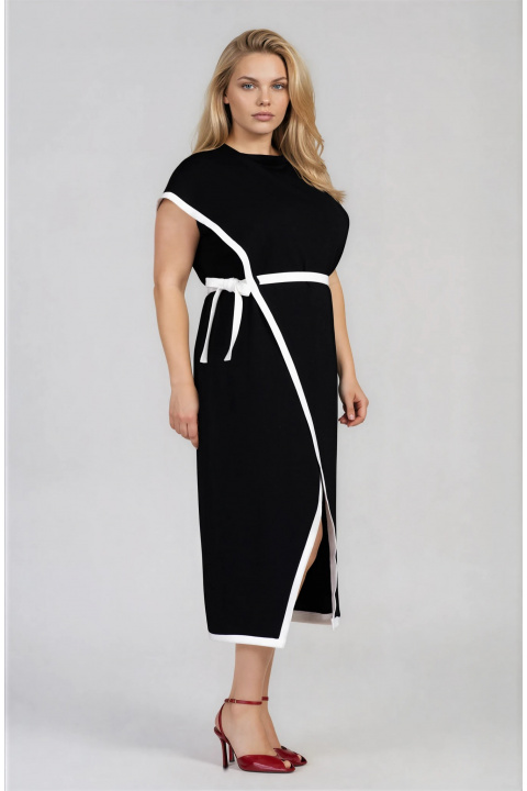 МАКСИ елегантна рокля в черно с бели кантове и връзка