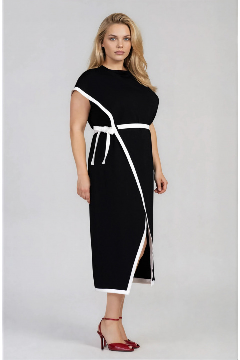 МАКСИ елегантна рокля в черно с бели кантове и връзка