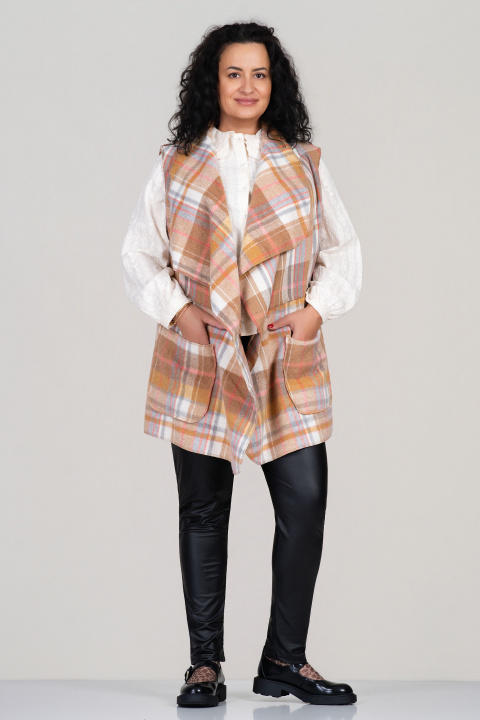 МАКСИ елек от меко плетиво с принт каре в розово, жълто и бежово