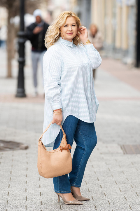 Макси издължена риза от памук с вертикално ментово райе и свободна кройка