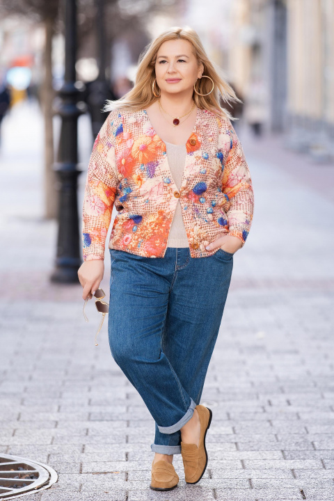 МАКСИ жилетка от фино плетиво с флорален принт в топли тонове