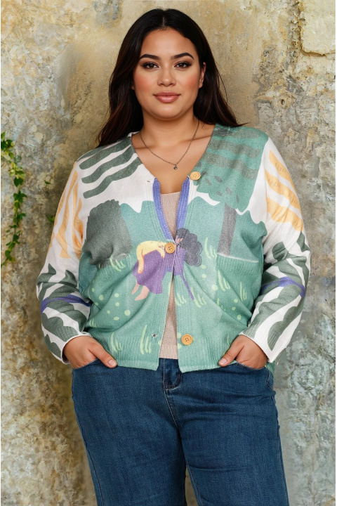 МАКСИ жилетка от фино плетиво с пейзажен принт в зелено, жълто и бяло