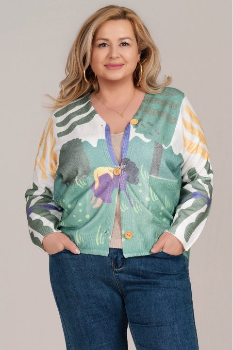 МАКСИ жилетка от фино плетиво с пейзажен принт в зелено, жълто и бяло