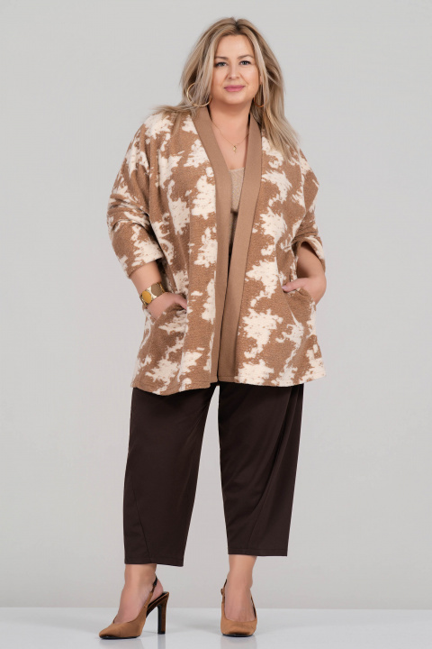 Макси жилетка от фино плетиво в кафяво с бежов принт и скрити джобове